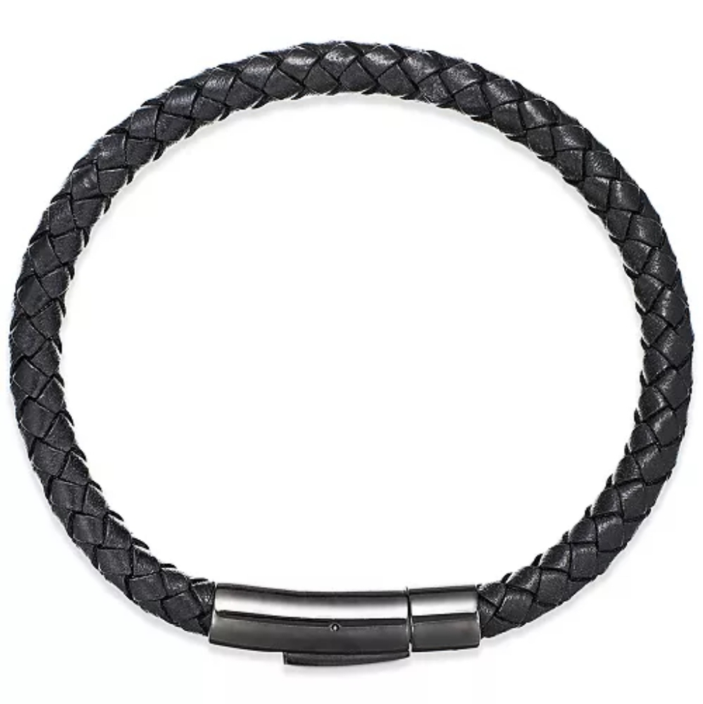 NWOT Men's Black Leather Bangle Bracelet in Stainless Steel - Picture 3 of 3